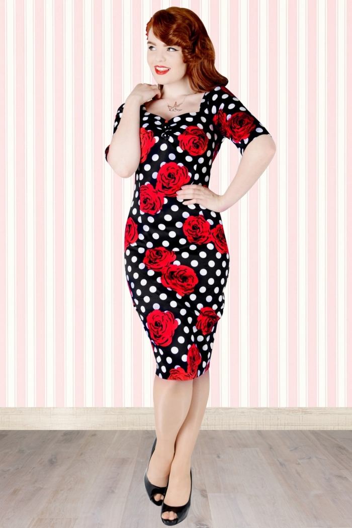 vintage-mode-50er-Dolores-rosie-bleistift-kleid-rote-rosen-schwarz-weiss-gepunktet