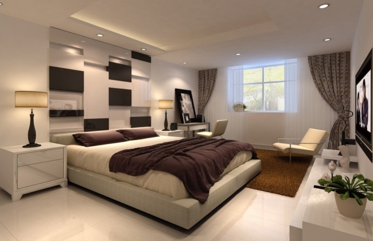 wandgestaltung-schlafzimmer-ideen-beige-paneele-regale-elegant-beleuchtung