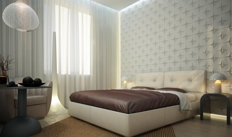 wandgestaltung-schlafzimmer-ideen-hell-beige-bett-polster-wandpaneele-relief