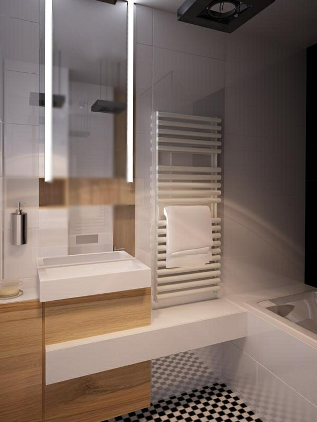 2-Badezimmer-mit-schwarz-weißem-Boden-und-Holz-Optik