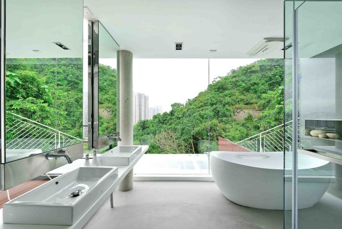 Badezimmer-Glas-Scheiben-deckenhoch-umweltfreundliches-konzept-Einbeziehung-der-Natur