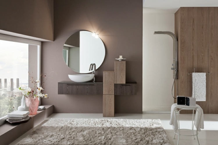 Badmöbel Holz Badezimmerschrank runder Spiegel modern einrichten