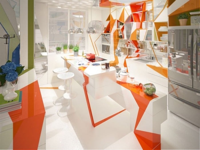Designer-Loft-Wohnung-küche-kochinsel-raumgestaltung-expressionistisch-anmutend