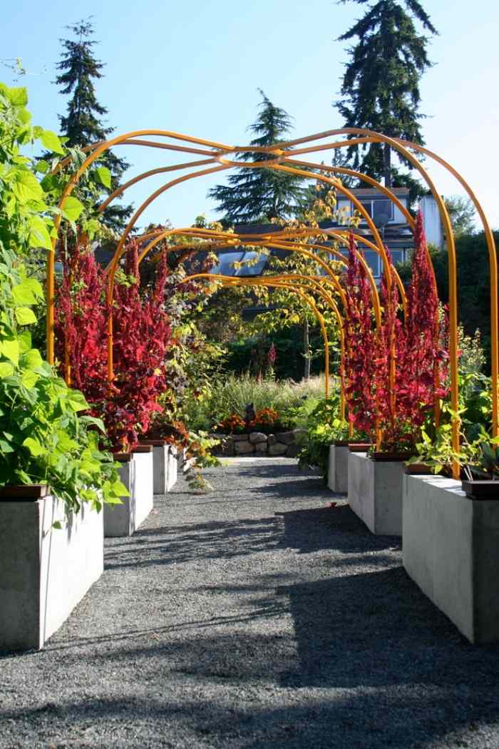 Gartengestaltungsideen-Laubengang-Beton-Basis-Kletterhilfe-für-Pflanzen