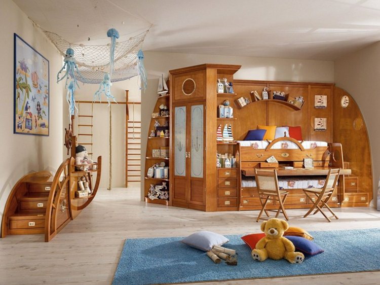 Kinderzimmer einrichten Ideen Etagenbett Kleiderschrank Wandregale