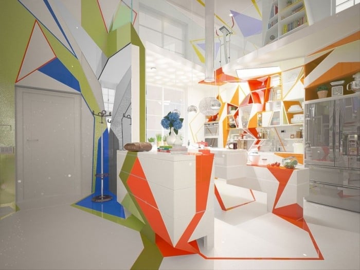 Kreative-Designer-Loft-Wohnung-akute-formen-farben-Wohnbereiche-farblich-abtrennen