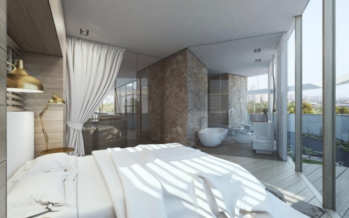 Penthouse-luxuriös-en-suite-schlafzimmer-verglaster-badebereich-ando-studio-israel