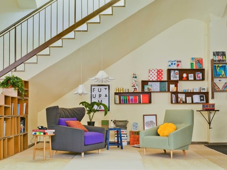 Wohnzimmer retro Stil einrichten Sessel modern Pastellfarben