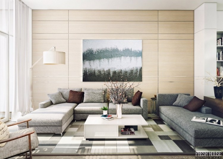 Couchtisch in Weiß design-modernes-wohnzimmer-graue-sofas-holz-wandpaneele