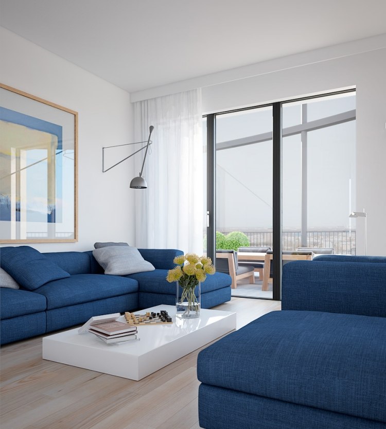 Couchtisch in Weiß design-rechteckig-niedrig-minimalistisch-blaue-sofas-wohnzimmer