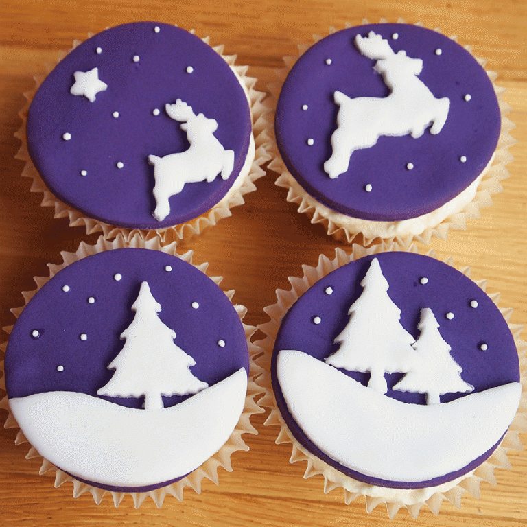 cupcakes für weihnachten ideen-lila-fondant-weisse-figuren