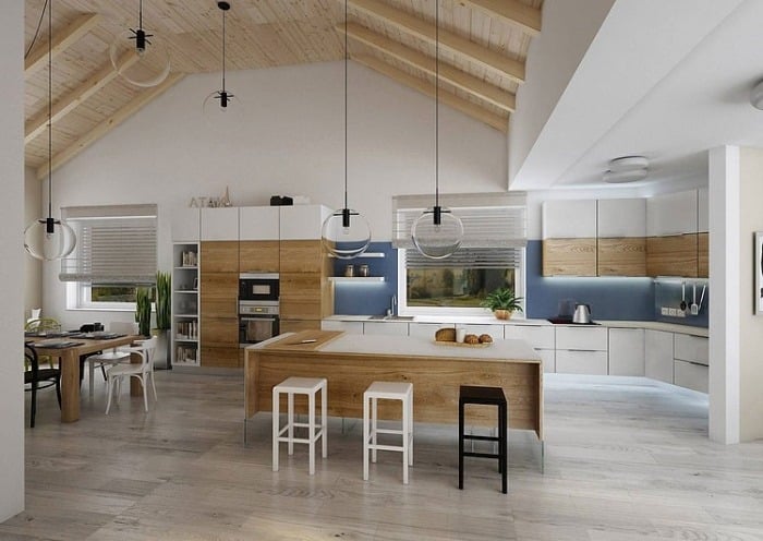 design-küche-moderner-landhausstil-küchenrückwand-blau-gestrichen-wandhängendes-schranksystem