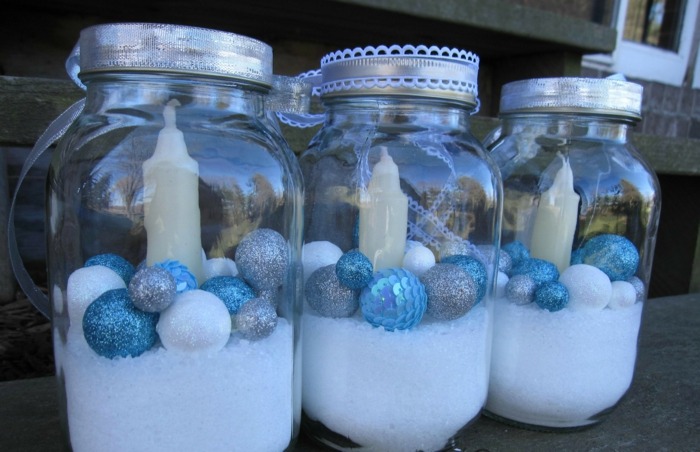 einweckglas weihnachtsgeschenke kugeln kerzen blau weiß