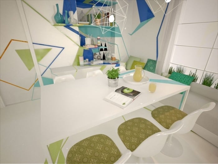 expressionistisch-anmutend-essplatz-3d-Visualisiert-Weißer-Esstisch-Zimmerpflanzen