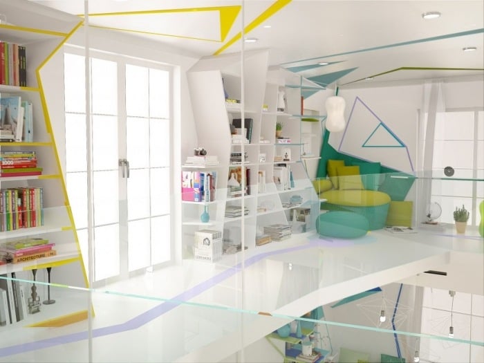 expressionistische-loft-wohnung-obergeschoss-geländer-aus-glas-3D-Visualisierung