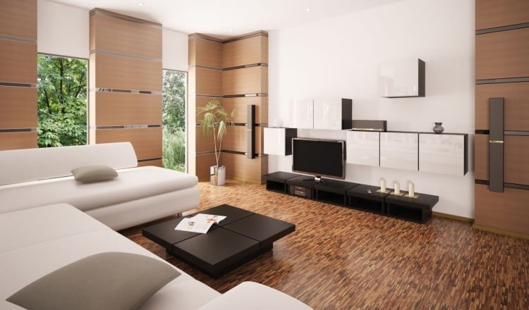 feng shui wohnzimmer grosse-fenster-holzpaneele-minimalistisch