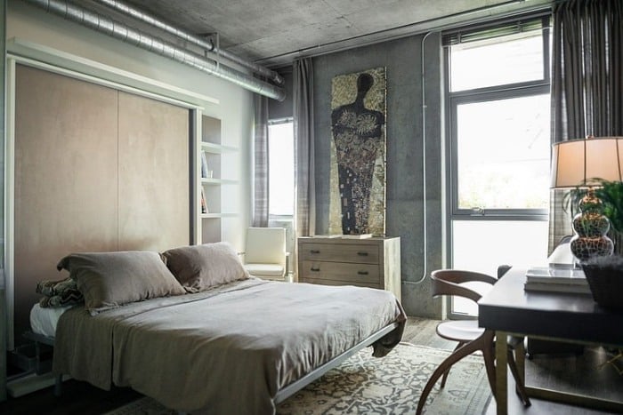 industrial-chic-loft-wohnung-schlafzimmer-wände-raue-beton-optik-wandbild-deko