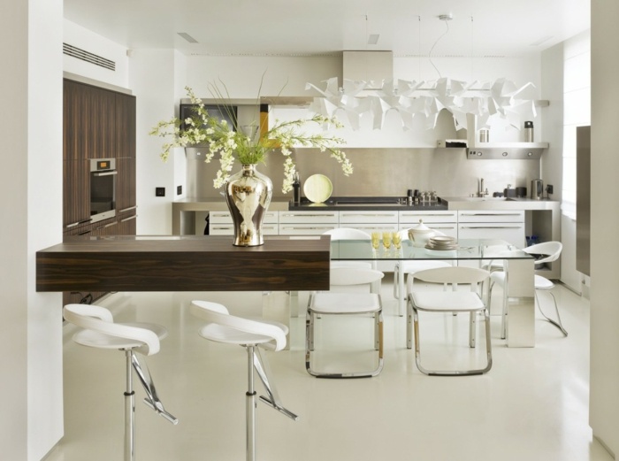 küchen design weiß glastisch bar braun holz