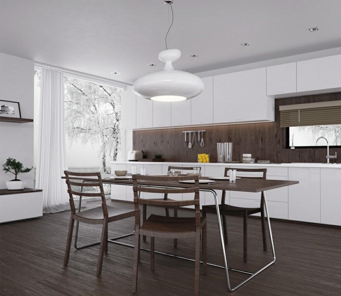 minimalistisch küchenmöbel weiß esstisch stühle braun holz