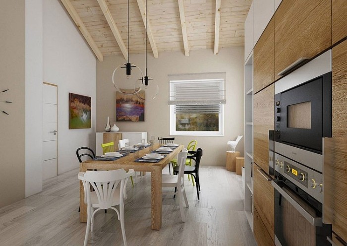 moderne-wohnküche-skandinavischer-stil-küchenfronten-holz-gelbe-stühle