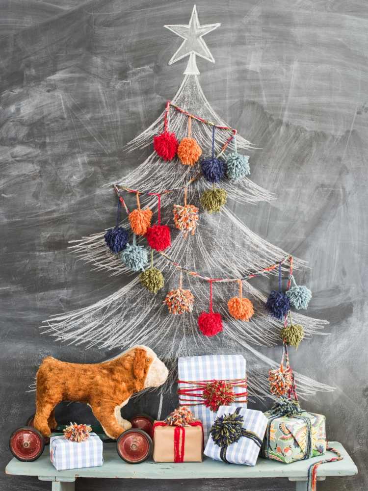 weihnachtsdeko-kinderzimmer--tafelfarbe-schwarz-kreide-schreiben-geschenke-pompons