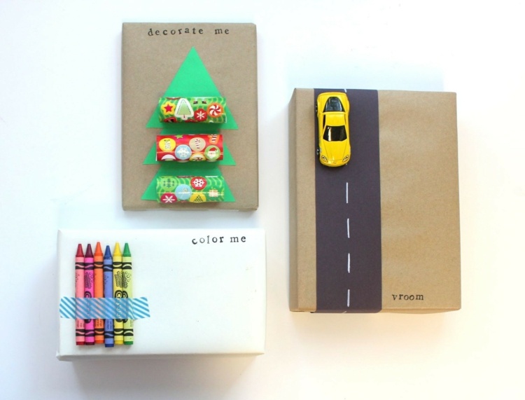 weihnachtsgeschenke für kinder verpackung idee wachsstifte auto tannenbaum