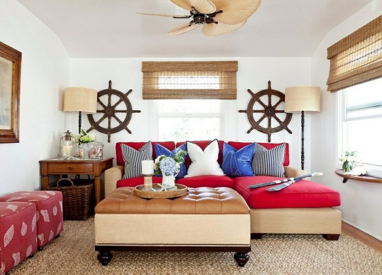 wohnzimmer-deko-couch-koralle-farbe-rot-steuer-nautisch-idee