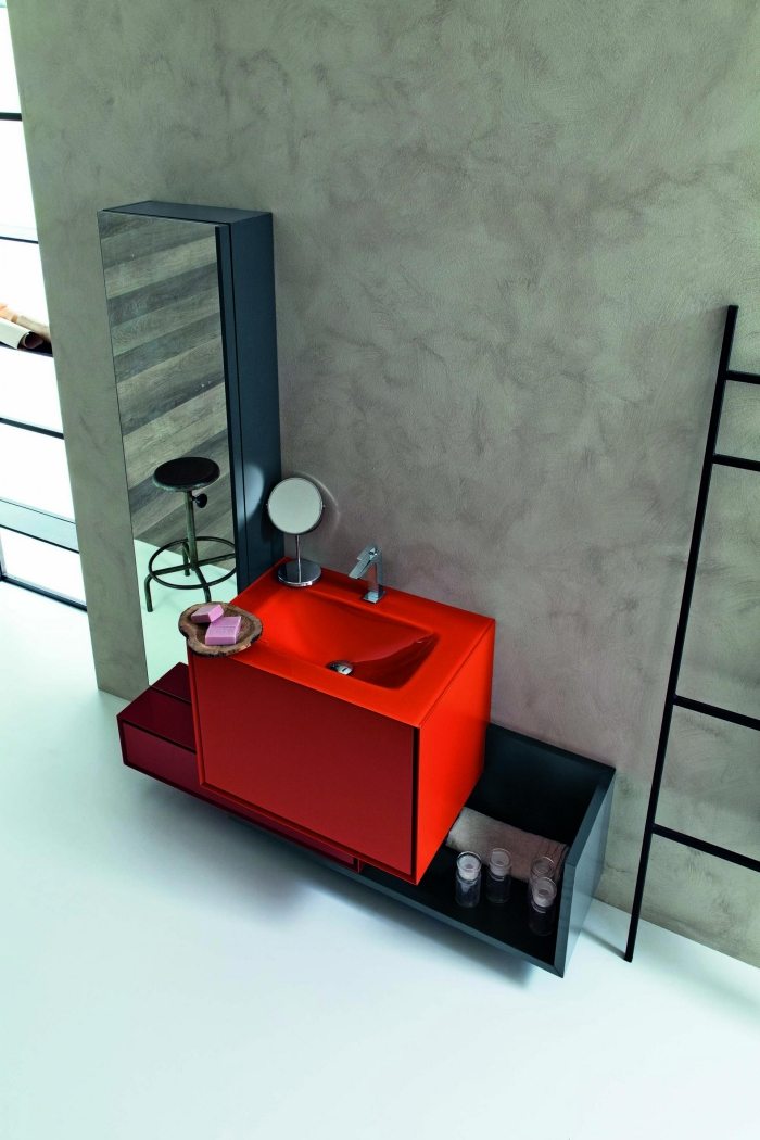 Badezimmer-Einrichtungsprogramm-Einzel-Waschbeckentisch-rot-Spiegelschrank