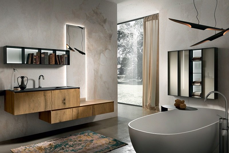 Badmöbel Holz Wandschrank freistehende Badewanne Spiegel LED-Ideen