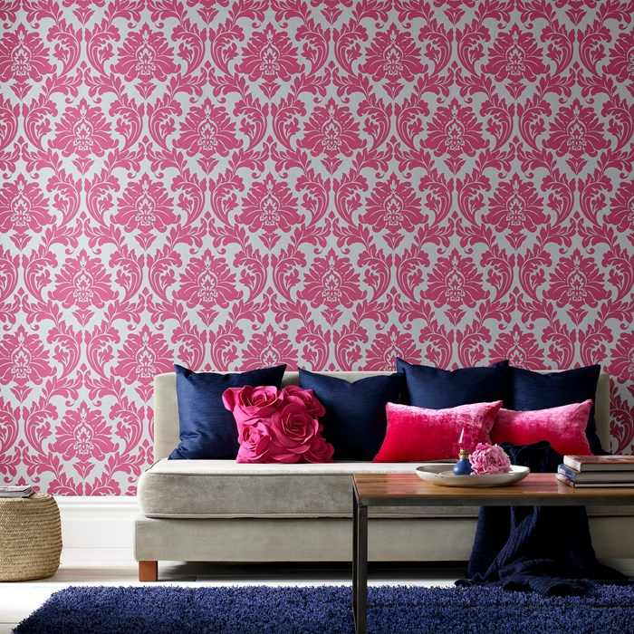 Barock rosa weiße Muster groß Wohnzimmer Wandgestaltung