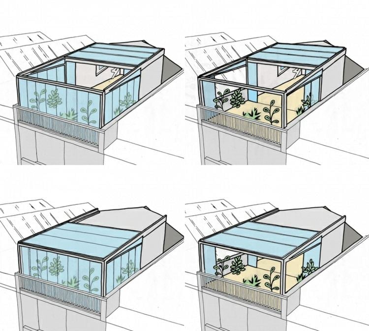 Dachterrasse gestalten Sonnenschutz Regenschutz Verglasung Bauprojekt