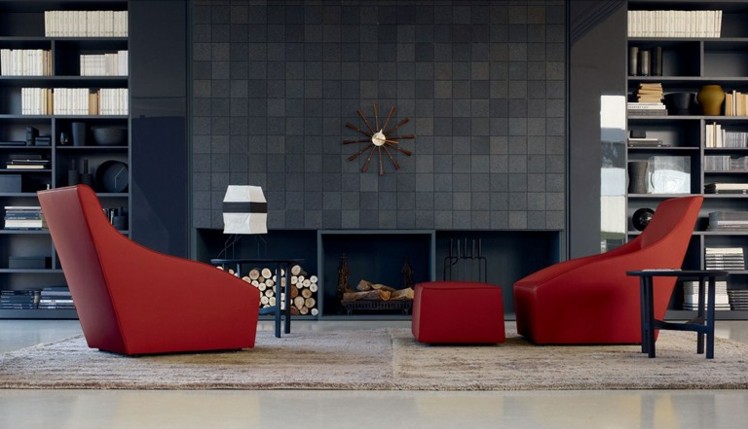  Sessel rote Farbe Leder Hocker Kamin Wohnzimmer Wohnideen