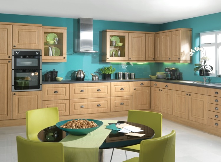 Farbe-Küche azurblau Eichenholz Fronten moderne Eckküche