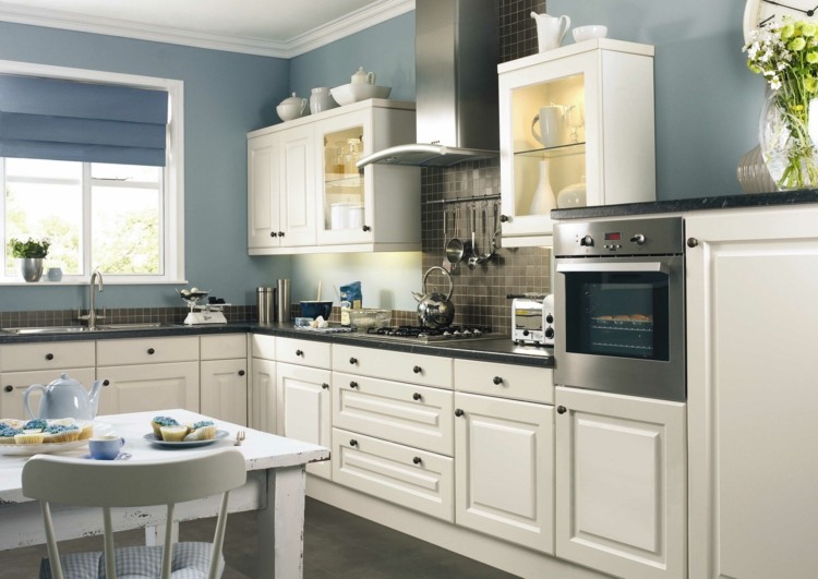 Farbe-Küche blaue Wand weiße Möbel Gestaltung Ideen