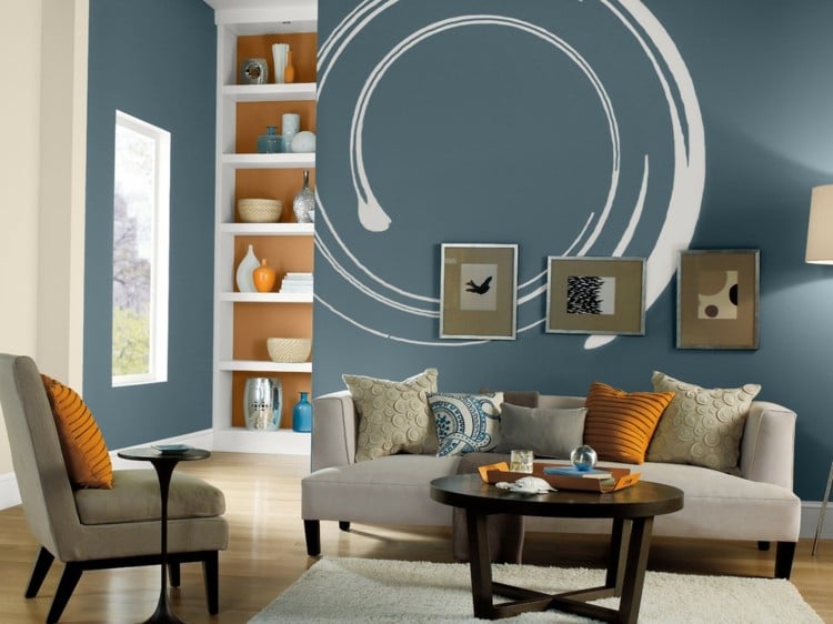 Farbe Wohnzimmer orange Wand blaue Wandfarbe Kreismotive
