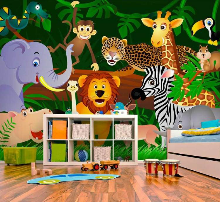 Fototapete im Kinderzimmer Dschungel Löwe Elephant Giraffe