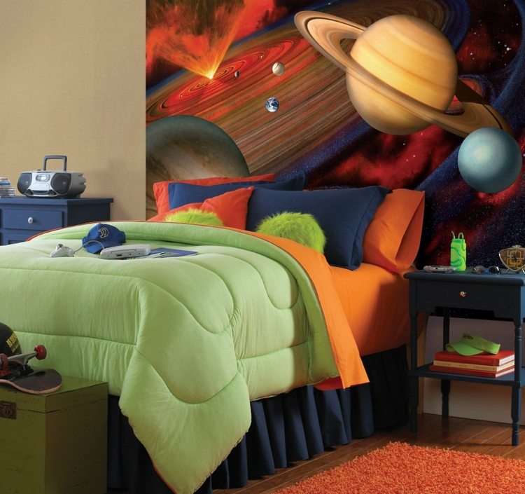Fototapete Kinderzimmer Jungenzimmer Planeten über Bett Kopfteil