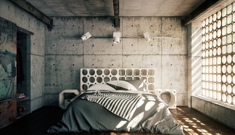 Ideen Schlafzimmer Sichtbeton Wand Optik industrieller Schick
