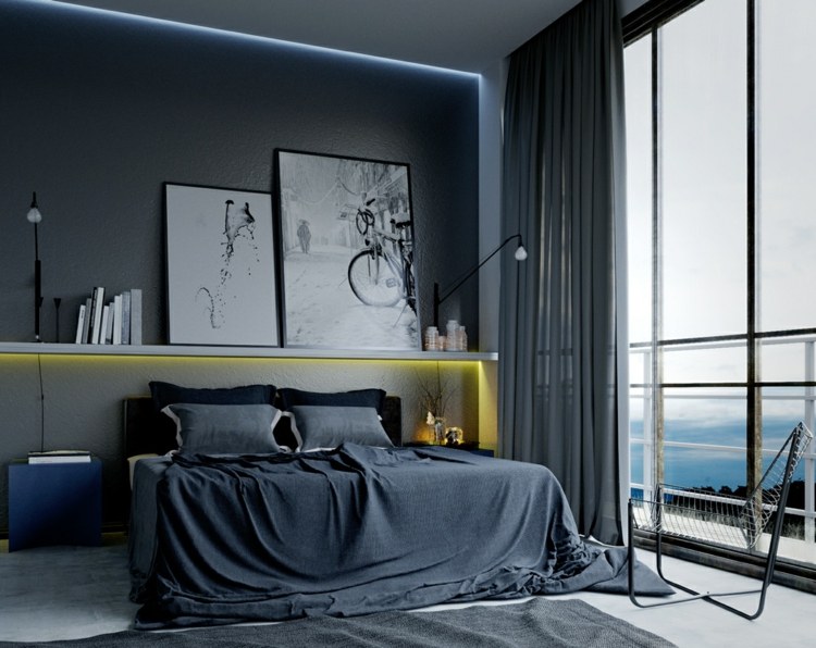 Ideen Schlafzimmer Wandgestaltung LED-Beleuchtung modern gelb graue Wand