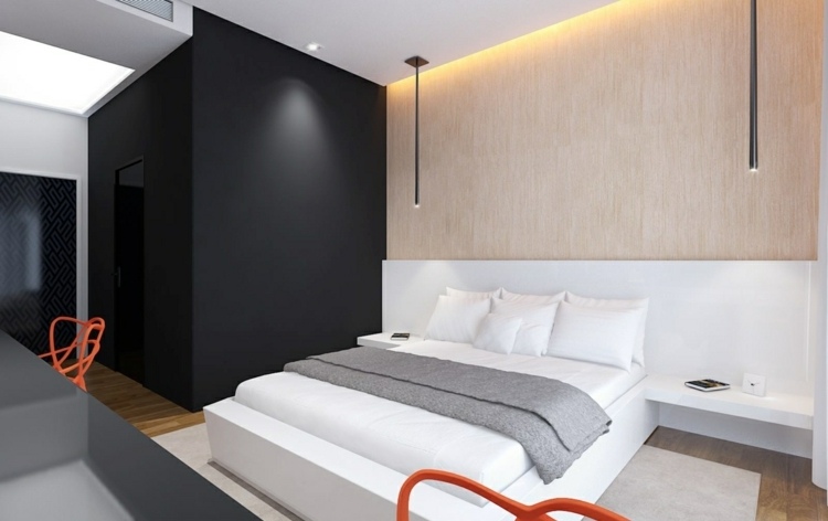 Ideen Schlafzimmer Wandverkleidung Holz indirekte Beleuchtung anliegendes Badezimmer
