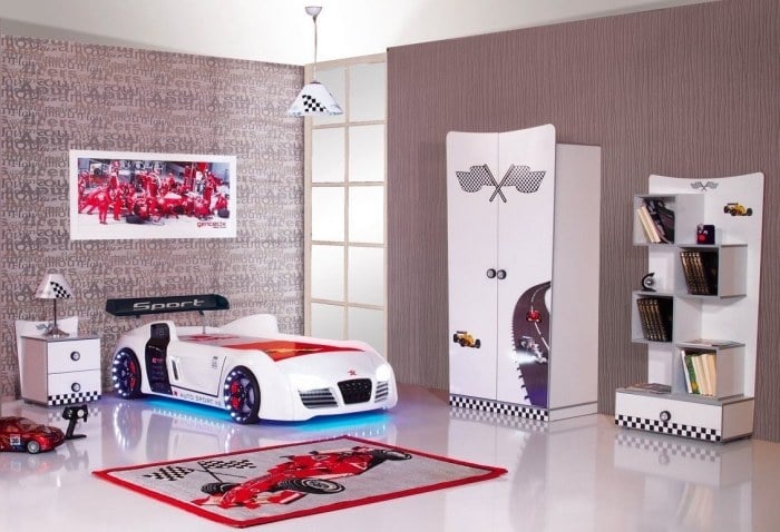 Kinderbett-Auto-Set-hochglanz-weiss-Kinderzimmer-Autobett-V8-Formel-1