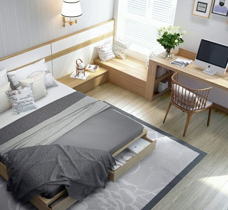 Schlafzimmer Holz Möbel Eiche Tapeten Streifen