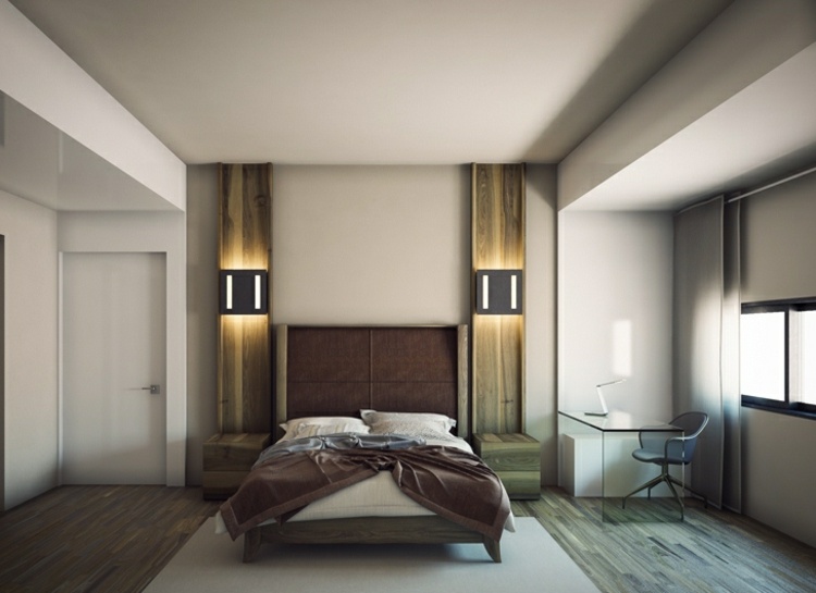 Schlafzimmer Holzboden Wandpaneele Eiche Beleuchtung LED