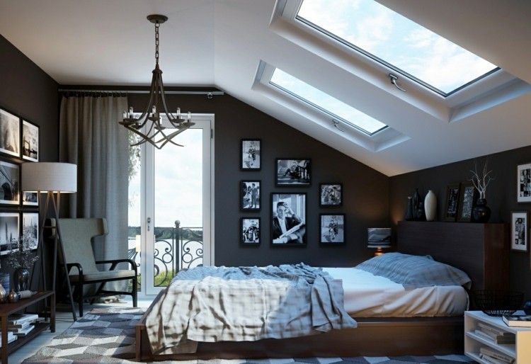 Schlafzimmer modern Wandgestaltung Anthrazit Teppich geometrische Muster
