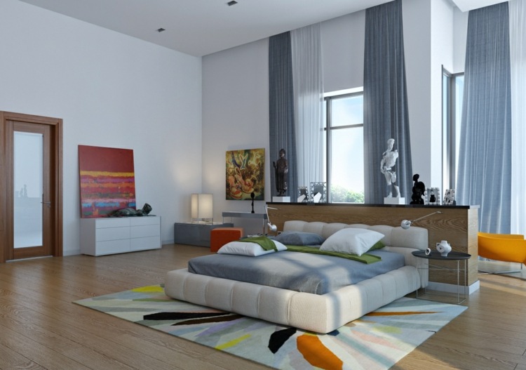 Schlafzimmer modern groß Teppich bunt Laminatboden