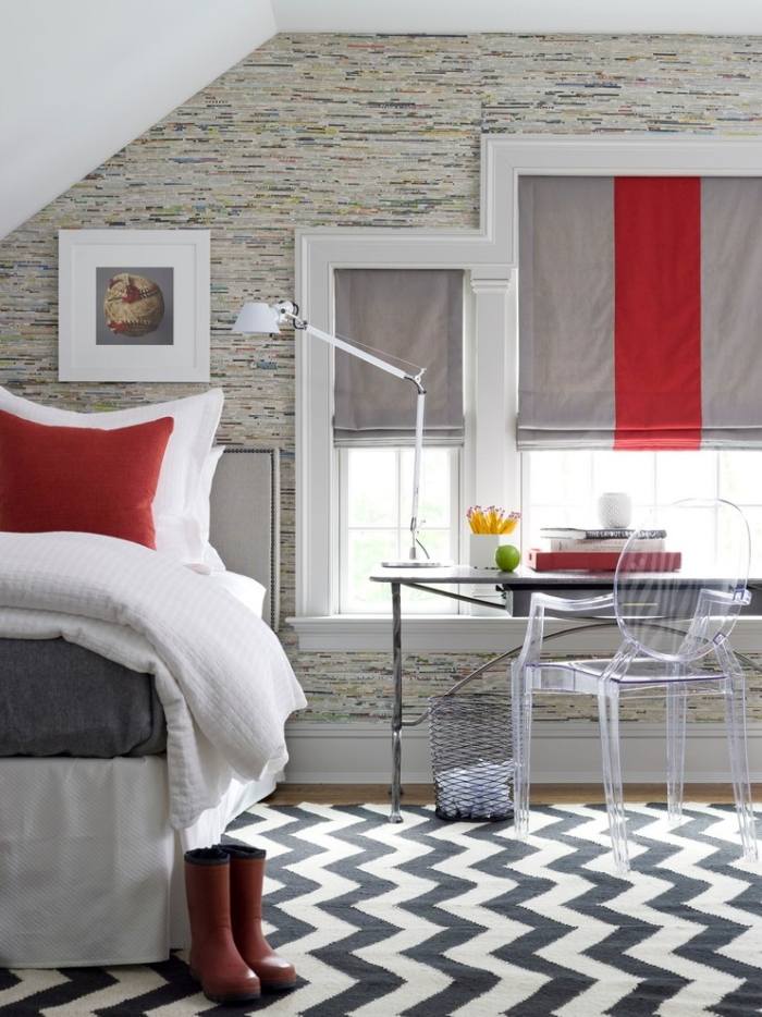 Schlafzimmer-Farben-Ideen-Akzente-setzen-Fenster-Faltrollo-Bettkissen-zickzack-muster