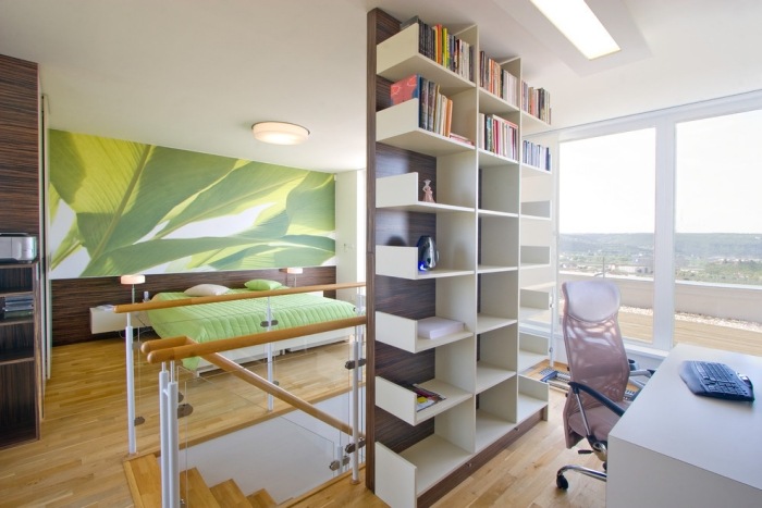 Schlafzimmer-Möbel-Bücherregal-wandgestaltung-abstrakte-darstellung