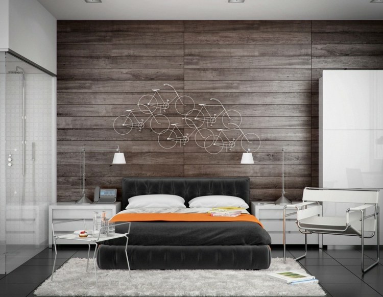 Schlafzimmer Wand Gestaltung Fahrräder Holz Bett Kopfteil