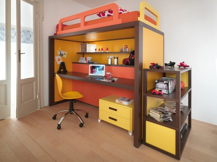 Schreibtisch Kinder Hochbett orange gelb modern gestalten