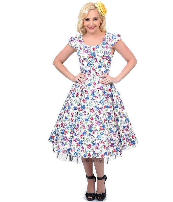 Swingkleid-Vintage-Kleid-Stil-1950-florales-Dessin-Wasserfarbe-Cap-Sleeve
